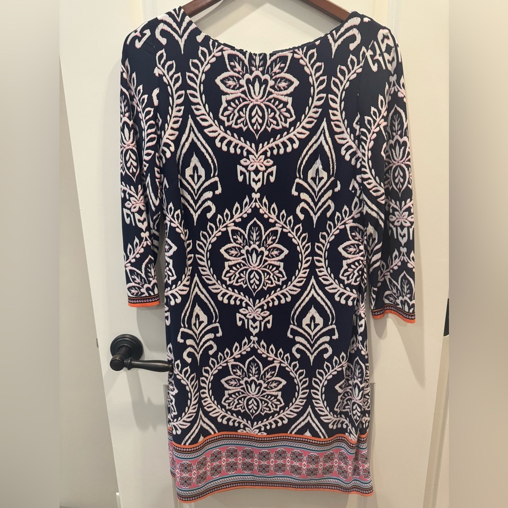 Vince Camuto Women’s Navy Blue Patterned Dress with Multicolored Hem